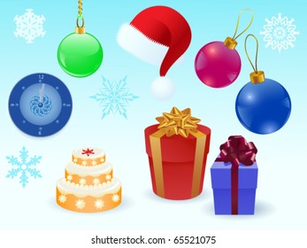 Celebration set of gifts, nice balls, clock and cap on a white