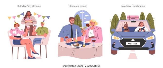 Celebration set. Indoor birthday festivity, intimate candlelit meal, and joyous road trip with a pet. Shared and solitary happy moments. Vector illustration.