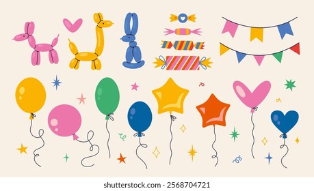 Celebration set with Inflatable animal figurines, helium balloons, candies, garlands of flags and stars. Bright Festive party decor. Trendy modern vector illustration, hand drawn, flat design