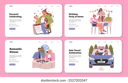 Celebration set. Moments of joy captured in diverse personal, birthday, romantic, and solo travel celebrations. Four scenes of contemporary festivities. Vector illustration.