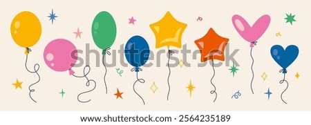 Celebration set with Various shapes Inflatable helium balloons and stars. Bright Festive party decor. Trendy modern vector illustration, hand drawn, flat design