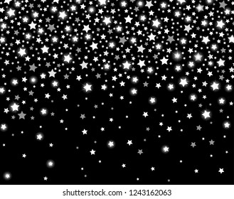 Celebration silver stars confetti abstract. Festive sparkling garland shiny magical winter black background. Christmas and New Year holiday white star confetti concetp. Vector illustration