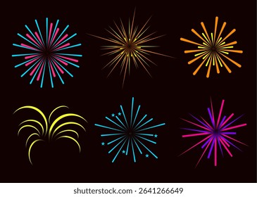 Celebration Simple Fireworks with Black Background Vector Illustration Collection