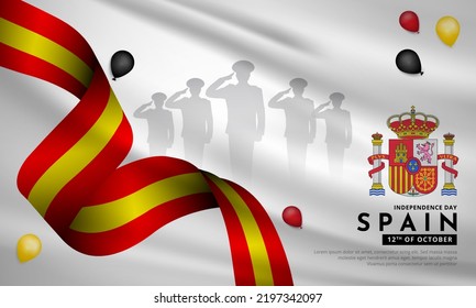 Celebration Spain republic day background design with soldier silhouette and wavy flag. Spain Independence day