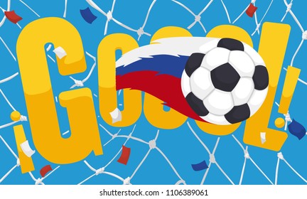 Celebration in Spanish for goal annotation with confetti net and soccer ball with Russian tricolor over blue sky view during International Soccer Championship.
