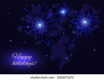 Celebration sparkling blue vector fireworks greeting card copy space. Independence Day 4th of July holidays background.