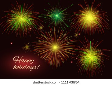 Celebration sparkling radiant yellow, red, golden, green vector fireworks over starry night sky greeting holidays background, copy space.