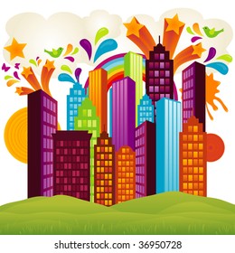 Celebration of spring in the city. Vector Illustration.