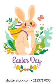 Celebration of spring season holiday, easter day. Isolated bunny carrying basket with colored eggs and flowers. Blooming plants and flying butterflies, revival of nature and flora. Vector in flat 