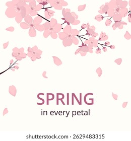 Celebration square card with blossom cherry and typography Spring in every petal. Japanese tradition. Sakura festival. Ideal for background, cover, label, social media.