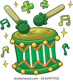 Celebration of St. Patrick's Day in Ireland, at 17 March. Luck the Irish. Color icon set for St. Patrick's Day. Ireland vector icon. Saint Patrick's Day green icon clip art. Green drum and shamrock.