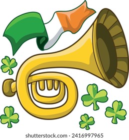 Celebration of St. Patrick's Day in Ireland, at 17 March. Luck the Irish. Color icon set for St. Patrick's Day. Ireland vector icon. Saint Patrick's Day green icon clip art. Flag, trumpet and shamrock