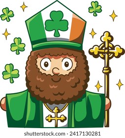 Celebration of St. Patrick's Day in Ireland, at 17 March. Luck the Irish. Color icon set for St. Patrick's Day. Ireland vector icon. Saint Patrick's Day green icon clip art. Pastor with gold stick.