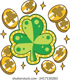 Celebration of St. Patrick's Day in Ireland, at 17 March. Luck the Irish. Color icon set for St. Patrick's Day. Ireland vector icon. Saint Patrick's Day green icon clip art. Shamrocks with coins.