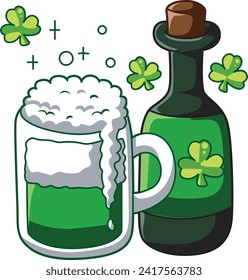 Celebration of St. Patrick's Day in Ireland, at 17 March. Luck the Irish. Color icon set for St. Patrick's Day. Ireland vector icon. Saint Patrick's Day green icon clip art. Green beer with bottle.