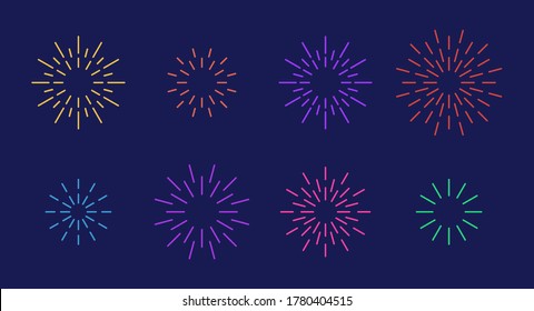 Celebration star fireworks burst pattern set. Flat colorful star shaped firework pattern collection isolated on blue background. New year celebration decoration, birthday party festive graphic design