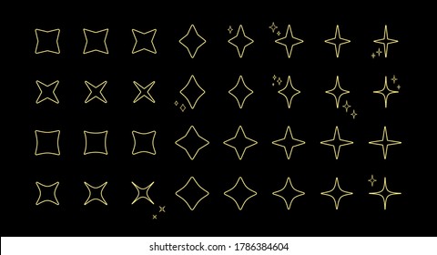 Celebration star sparkle gold contour pattern set. Art deco star twinkle shaped outline pattern collection isolated on black background. New year celebration decoration, birthday party festive graphic