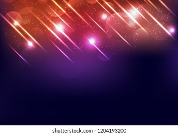 Celebration stars light ray falling, shiny festival, explosion glowing decoration, beam motion abstract background vector illustration