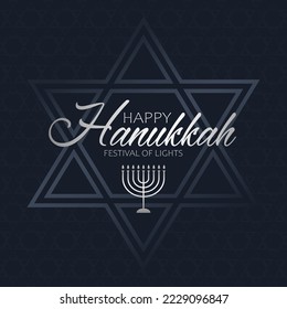 Celebration stylish illustration with silver text Happy Hanukkah, chandelier and star of David for Hanukkah Jewish holiday. Luxury silver design for banner, wallpaper, festive card or poster.