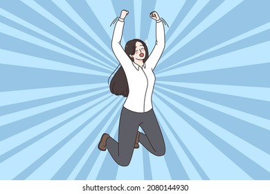 Celebration and success happiness concept. Young smiling woman jumping with raised hands feeling excited celebrating success winning vector illustration 
