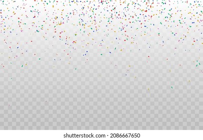 Celebration Template With Confetti. Colorful Ribbons. Luxury Greeting Card. Falling Festive Tiny Confetti. Rainbow Confetti On White Background. Great Festive Overlay Template. Vector On Png.