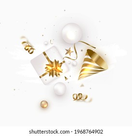 Celebration template with white sphere, gift box, golden cone on a white background. Flat lay. Concept for web cover, social networks, promotional sales.Realistic vector.