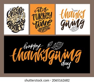 Celebration text Happy Thanksgiving day on textured background for postcard, icon, logo or badge.Give thanks! Hand drawn Thanksgiving lettering typography poster.  Vector vintage style calligraphy EPS