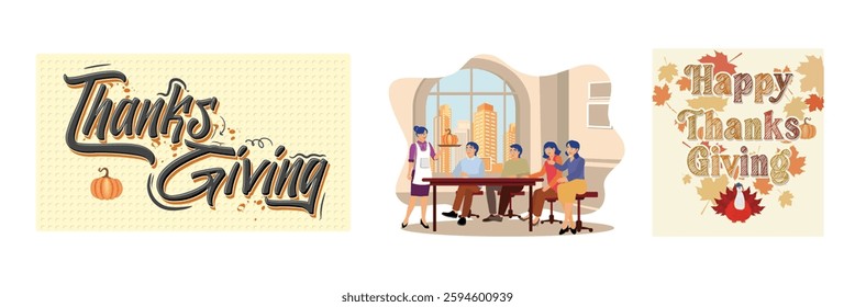 Celebration Thanksgiving after the harvest season. Family celebrating Thanksgiving feast at the dinner table. Enjoying pumpkins and roast turkey. Thanksgiving concept. Set flat vector illustration.