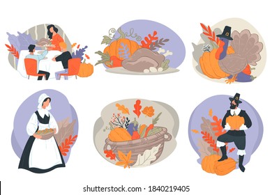 Celebration of thanksgiving day, pilgrims harvesting in autumn. Fall season holiday in usa, american event. Basket with harvested pumpkins, vegetables and herbs. Turkey and hat, vector in flat style