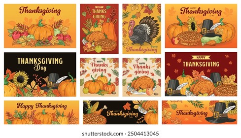 Celebration Thanksgiving set flyers colorful with rich harvest collected by farmers and pumpkins or turkey for holiday table vector illustration