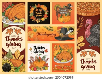 Celebration Thanksgiving set posters colorful roast turkey in plate and pumpkins or autumn tree branches near holiday lettering vector illustration