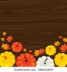 The celebration of thanksgiving. Traditional concept. Pumpkin and leaves on a dark tree background