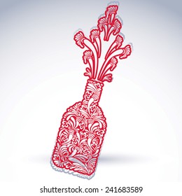 Celebration theme art symbol, stylish alcohol bottle with flowery pattern and bright splash. Holiday and event idea, lounge design element.