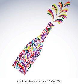 Celebration theme art symbol, stylish alcohol bottle with flowery pattern and bright splash. Holiday and event idea, lounge vector design element.

