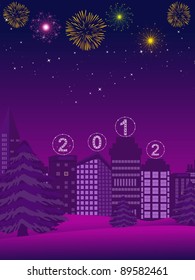 Tema de celebración en la noche con fuegos artificiales y árbol de Navidad para Navidad, Año Nuevo y otras ocasiones, ilustración vectorial.