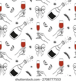 Tema de celebración con bebidas espumosas y Elementos festivos para reuniones y eventos alegres en un patrón animado