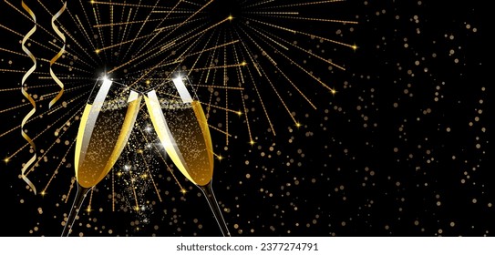 Celebration toast with champagne, fireworks and confetti. New Years Eve party. Copy space
