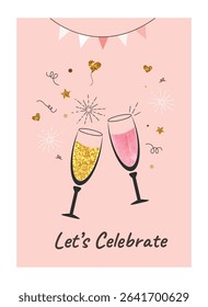 Celebration Toast With Champagne Flutes Vector Illustration.