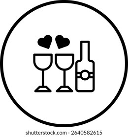 Celebration toast with love: Silhouette of glasses and wine bottle icon inside a circle