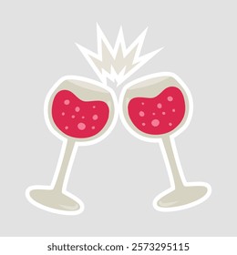 Celebration Toast Sticker. Festive vector illustration of two wine glasses clinking in a cheerful toast, perfect for celebrations, parties, and special occasions