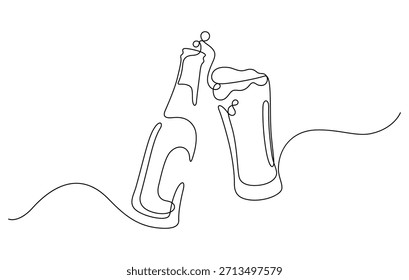 Celebración de brindis de cerveza tintineando de botella y pinta de espuma de vidrio Una línea dibujando minimalismo Ilustración vectorial