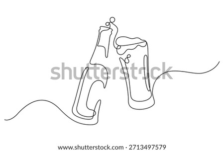 celebration toasting beer clinking of bottle and pint glass froth one line drawing minimalism vector illustration