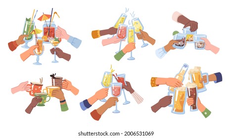 Celebration and toasting, cheers hands holding beer and cocktail, champagne and strong drinks, coffee and tea. Festivity and cheering, pub or bar establishment for partying. Flat cartoon vector