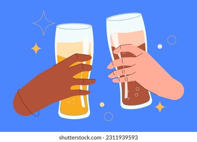 Celebration and toasting, cheers hands holding beer. Two hands clink glasses with dark and light beer . The concept of the beer festival. Flat illustration for postcards, posters and stickers