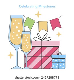 Celebration. Toasting to success and commemorated achievements. Festive decorations, presents, and joyful ambiance. Flat vector illustration.