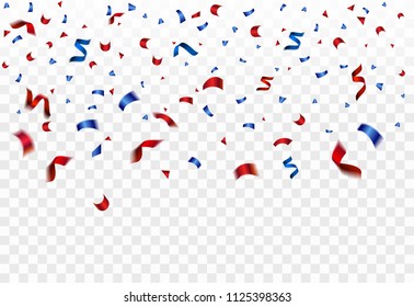 Celebration transparent background template with red and blue confetti flying and red and blue ribbon. Falling confetti birthday, party, USA Independence Day July Fourth , Football match decoration