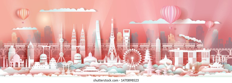 Celebration travel landmarks Asia travel with downtown architecture skyline, Celebration traveling with lighting in city by sailboat, train and balloon, For business, advertising, Vector illustration.