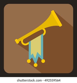 Celebration trumpet fanfare with flag icon. Flat illustration of celebration trumpet fanfare vector icon logo for any web design