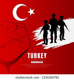 Celebration Turkey republic day background design with soldiers and hand silhouette vector
