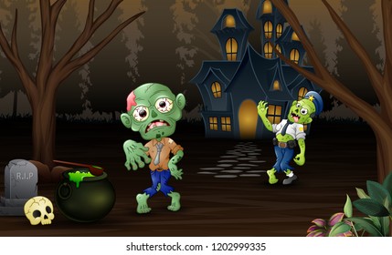 Celebration two zombie outdoors with haunted house background